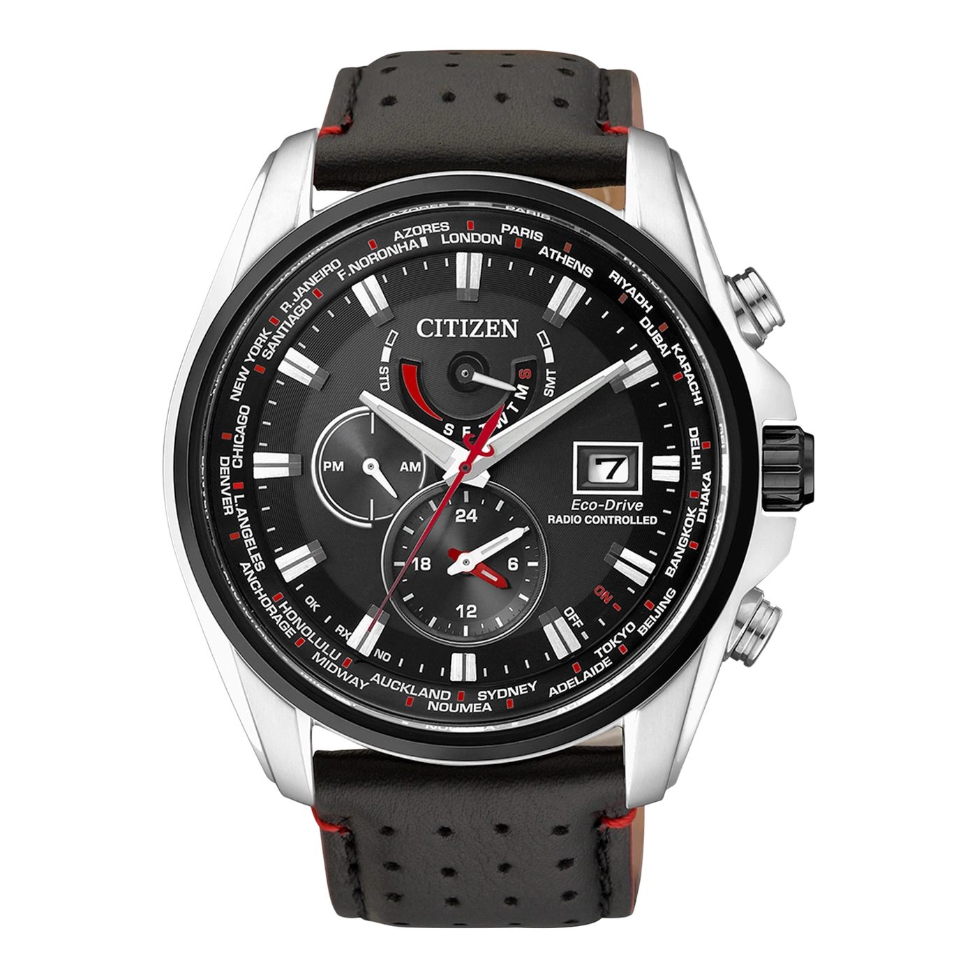 Citizen watch with black face, leather strap, and world time function.
