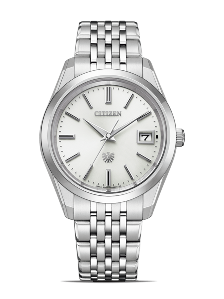 Citizen watch with silver band and white face, date display.
