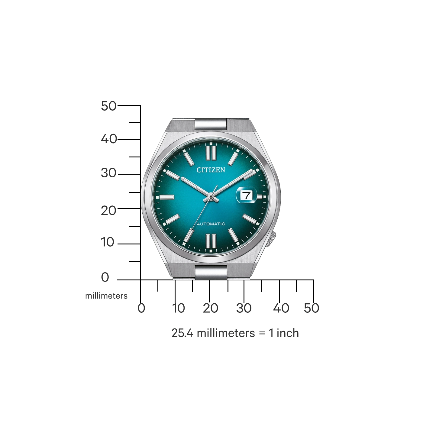 Citizen watch with a teal face, measuring scale, and the word automatic.