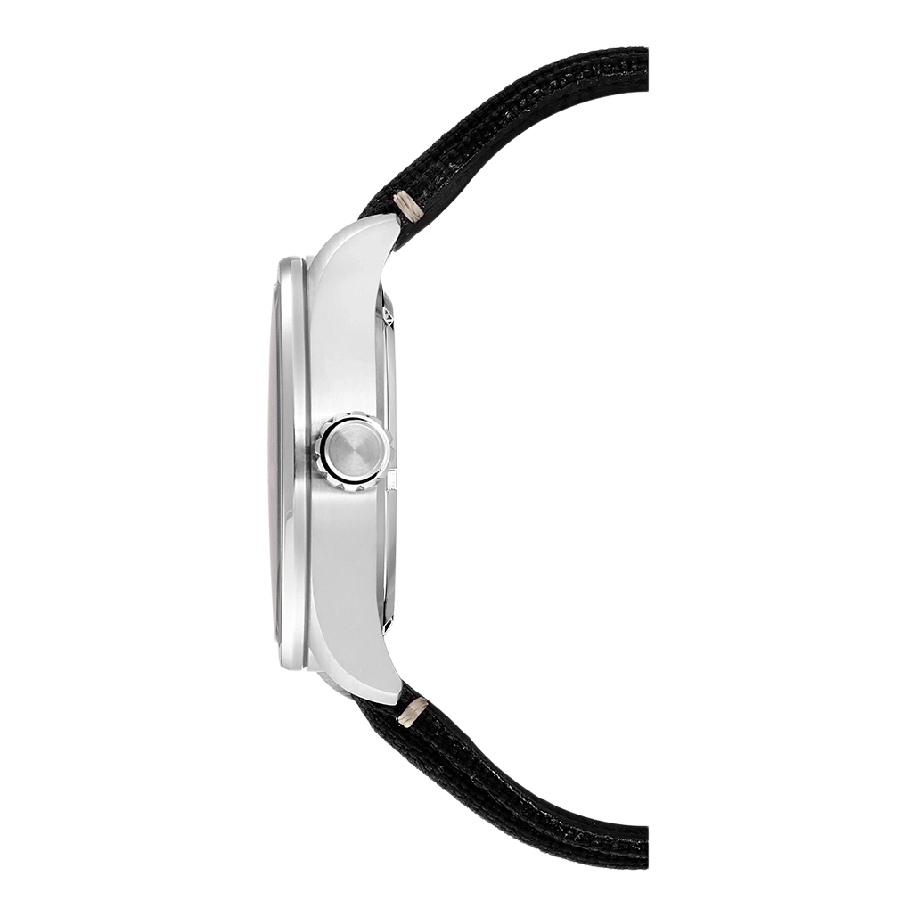 Side view of a silver watch with a black strap on a white background.
