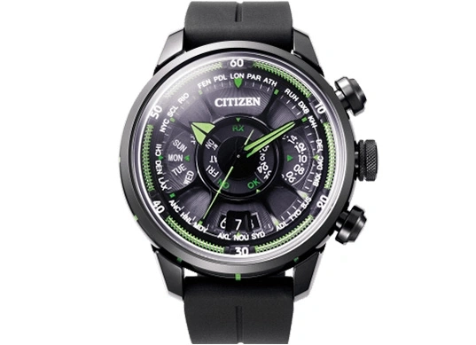 Black Citizen watch with green accents, world time, and date display.