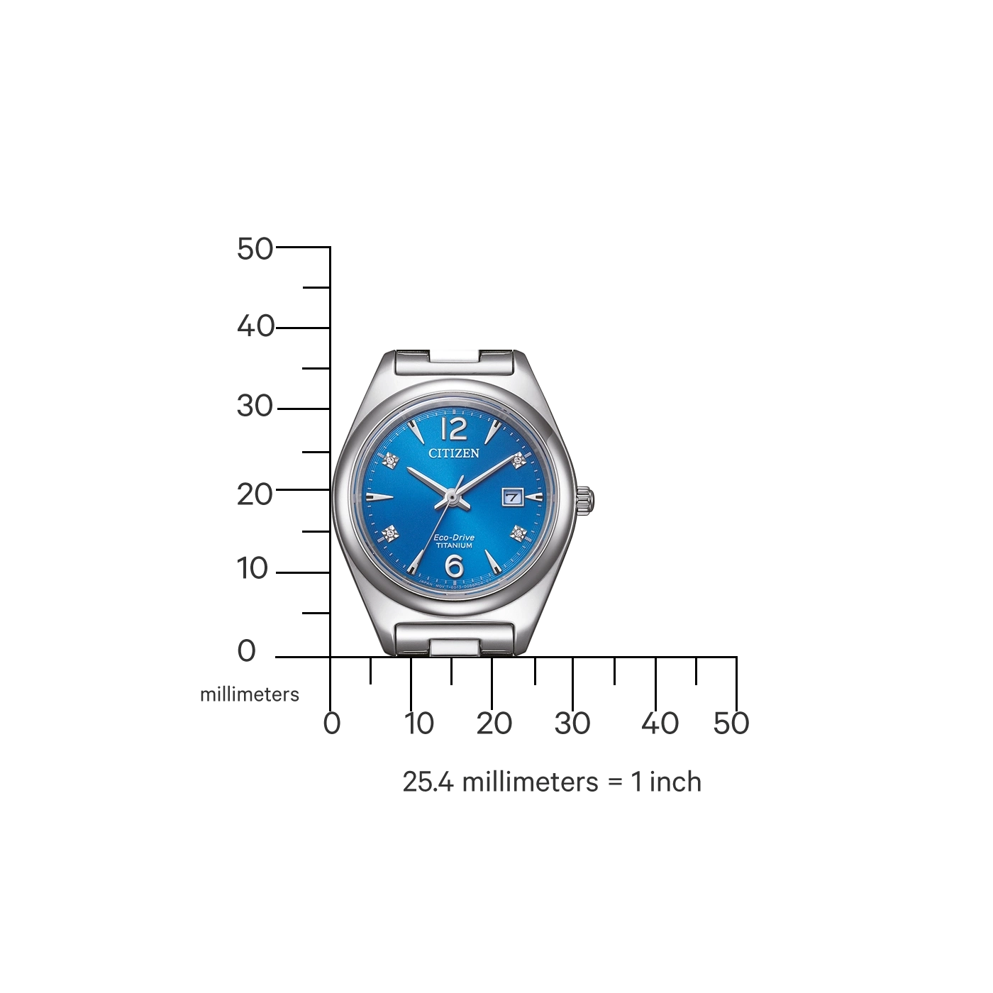 Citizen watch with blue face, titanium, and measurement scale in millimeters.