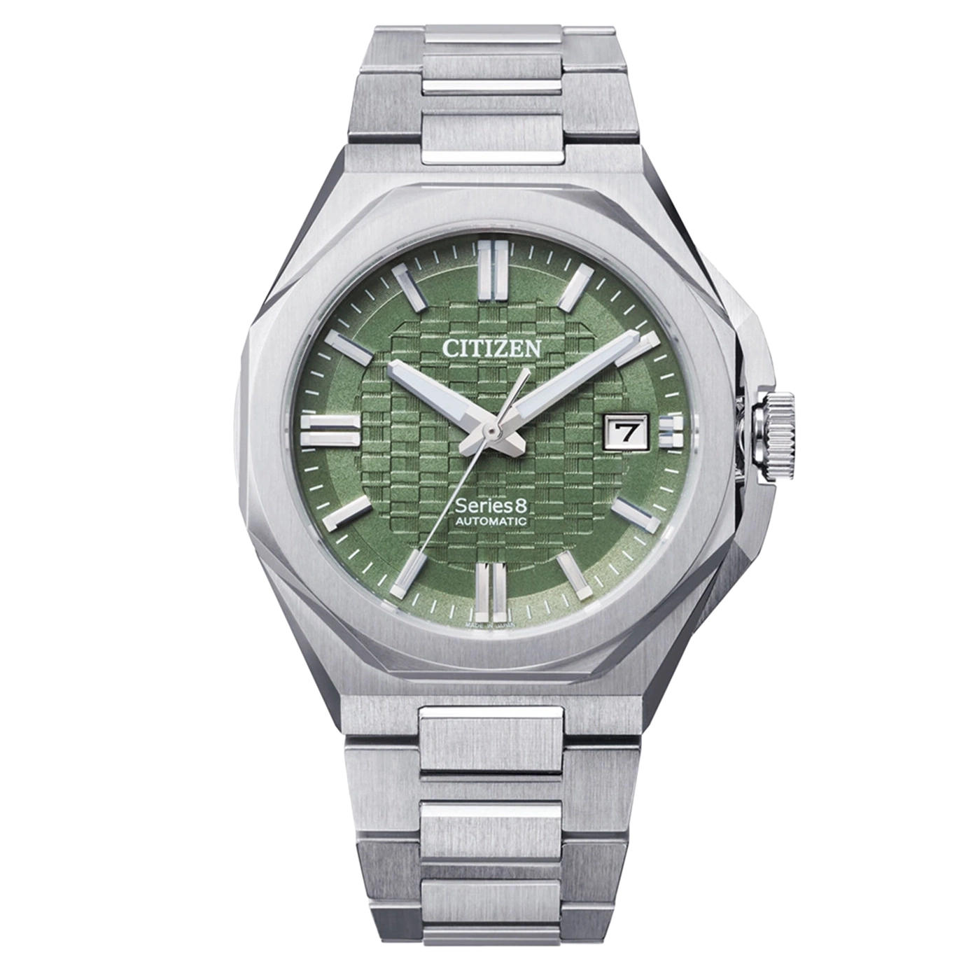 A Citizen Series8 automatic watch with a green textured dial and silver band.