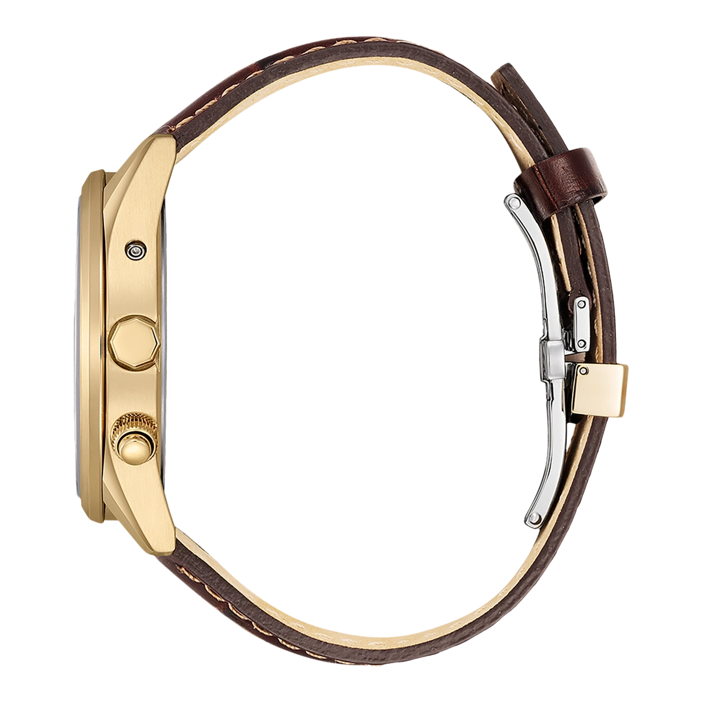 Gold watch with brown leather strap, side view, close-up shot.