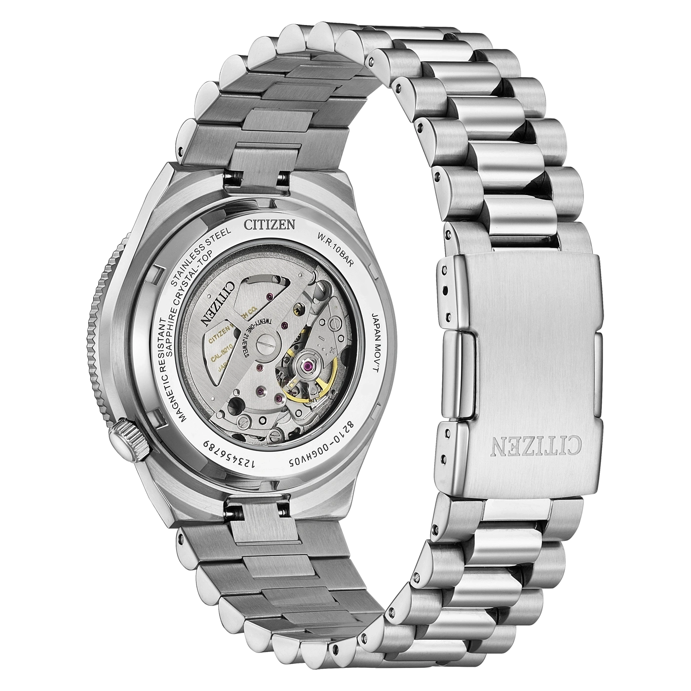 A stainless steel Citizen watch with an open case back showing the movement.