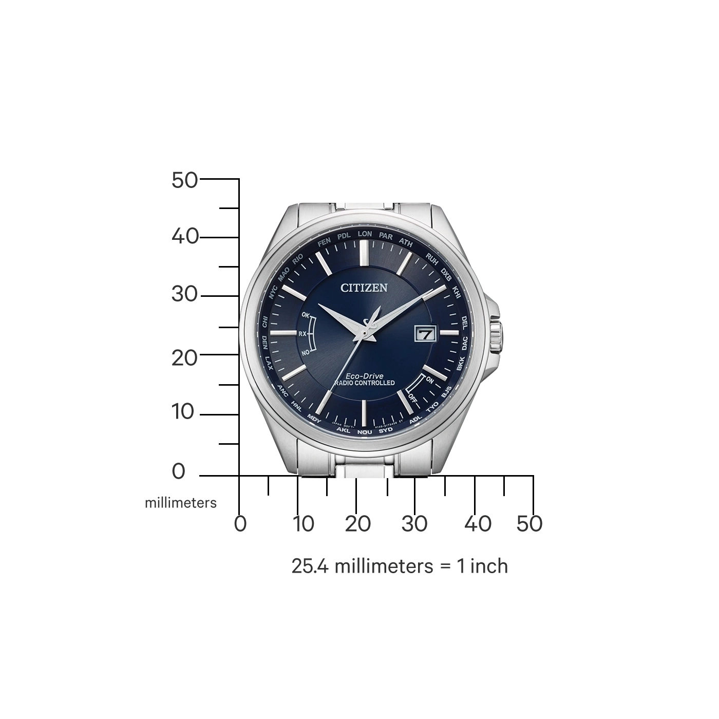 Citizen watch with blue face, silver band, and time zone indicators.