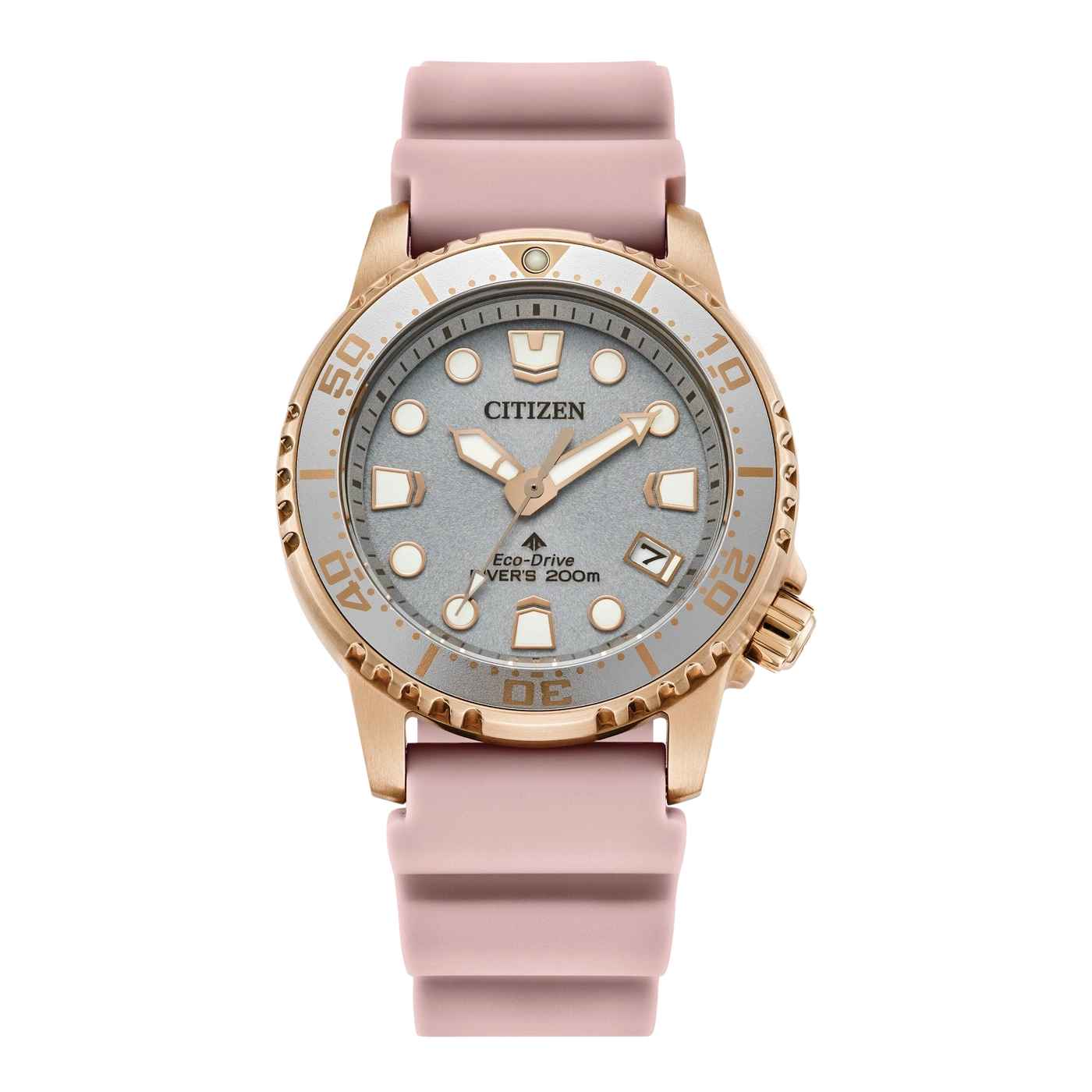 Citizen watch with pink strap and gold details, grey face.