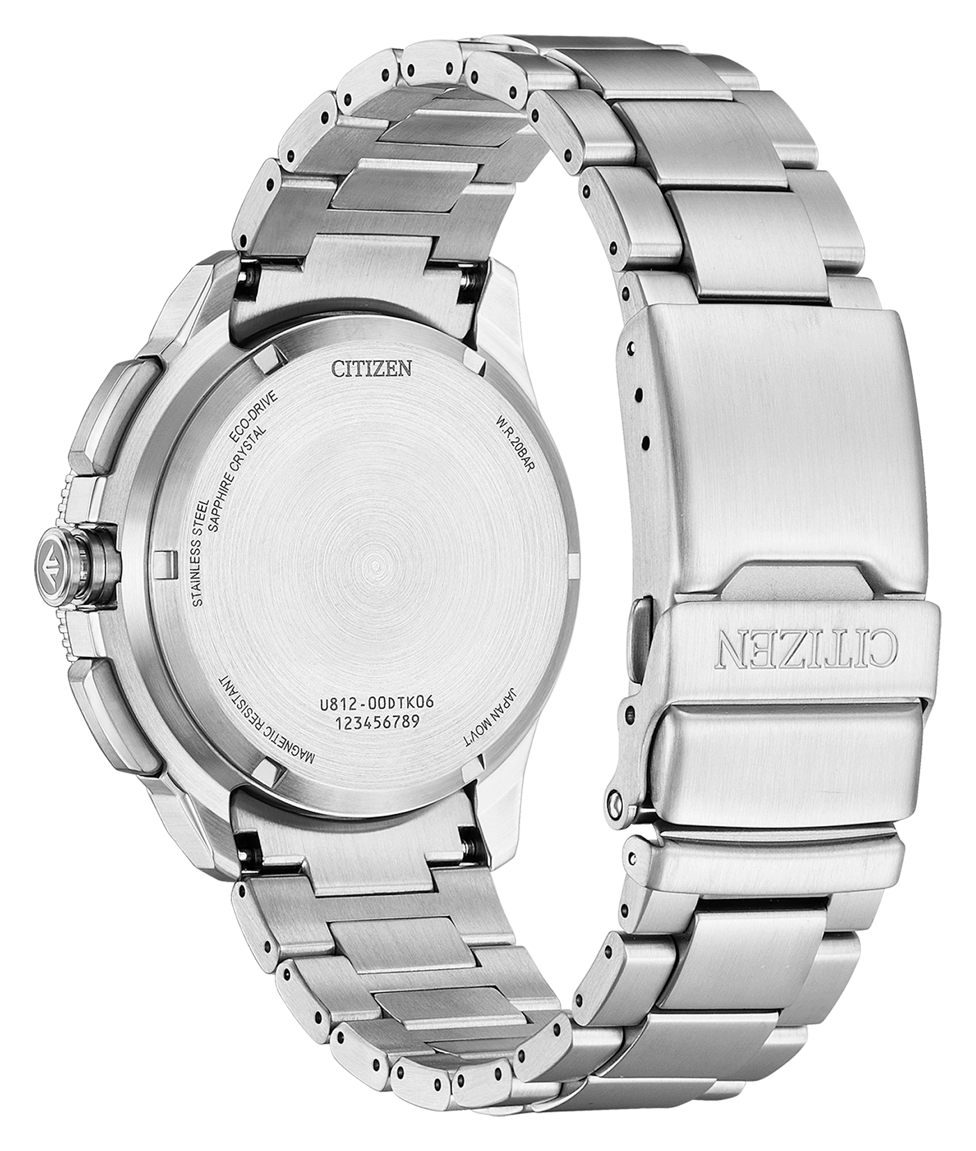 Back of a silver Citizen Eco-Drive watch