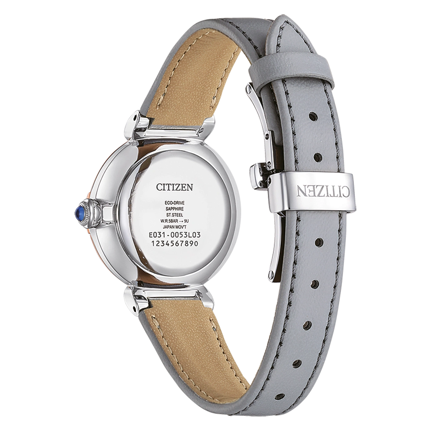 Citizen watch back with details: Eco-Drive, Sapphire, Steel, Japan Movt.