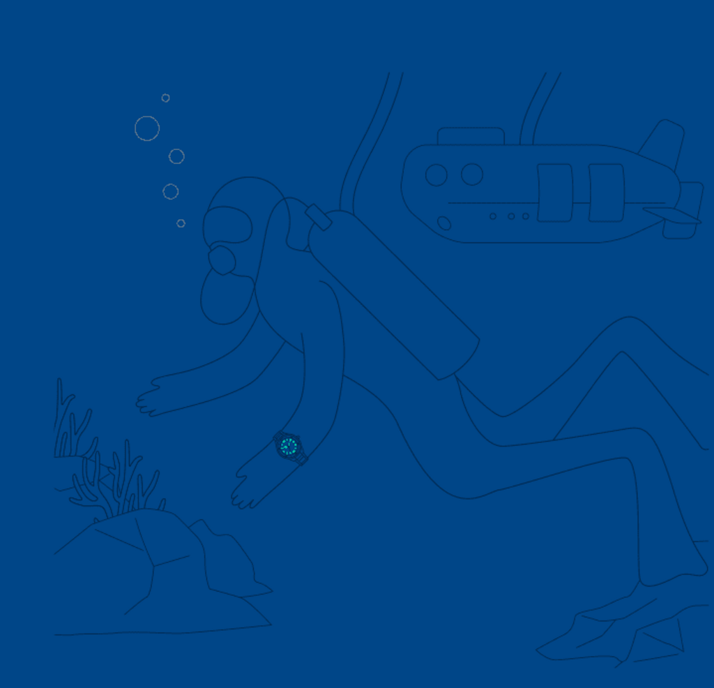 Diver with watch, bubbles, submarine, coral, and rocks in the ocean.