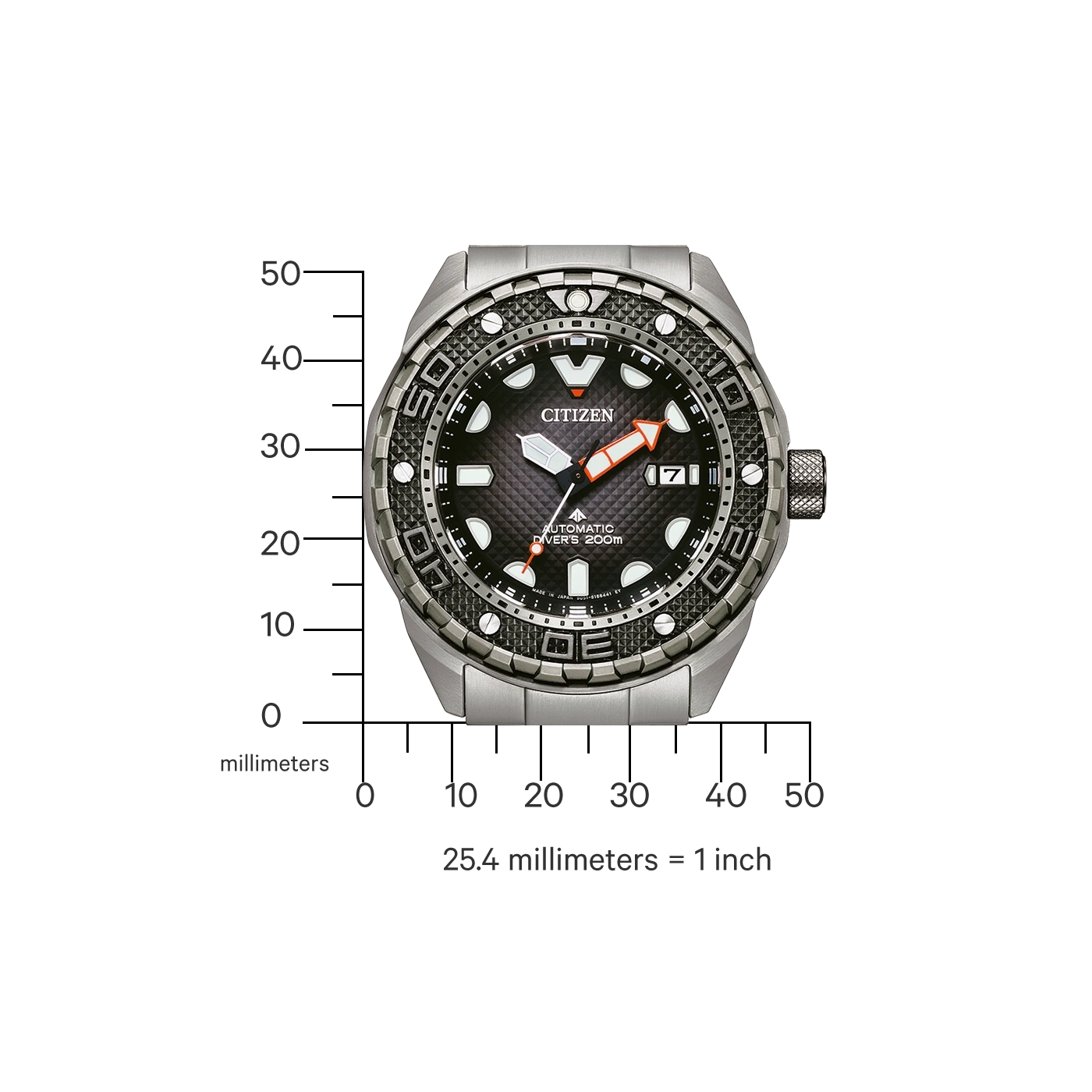 Citizen watch with black face, orange accents, and a diver's 200m rating.