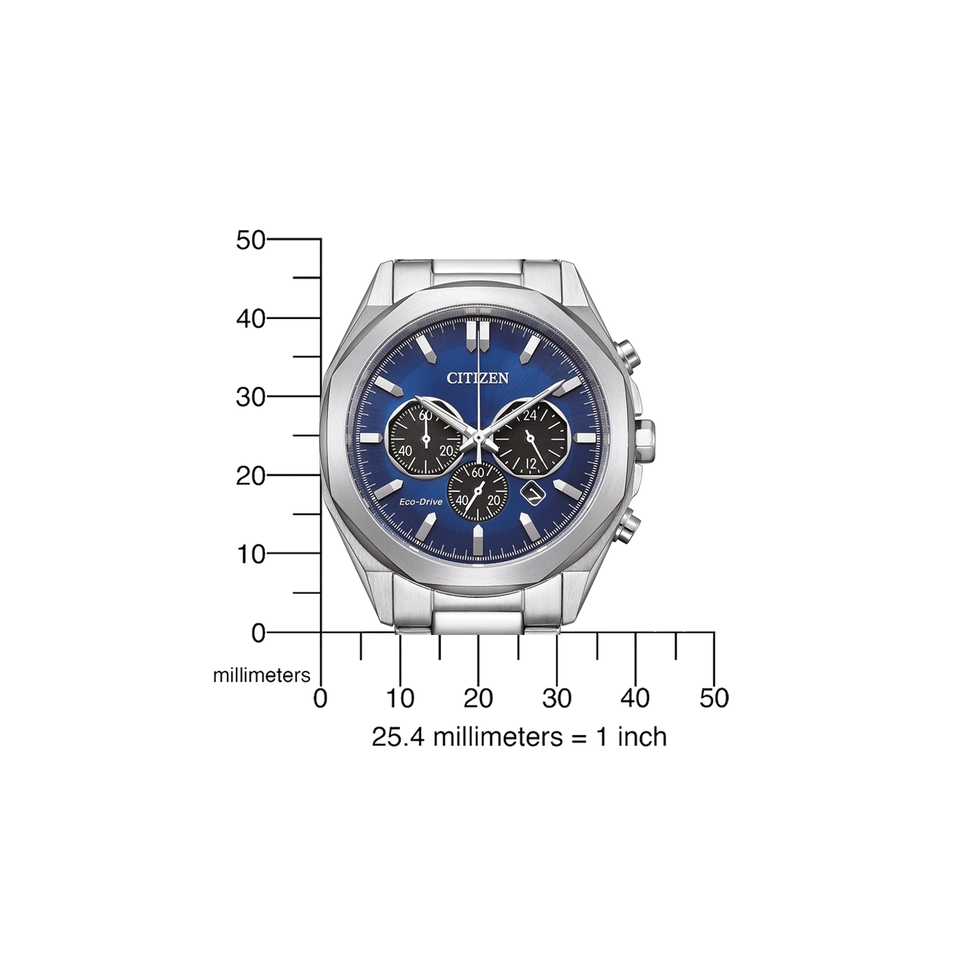 Citizen watch with blue face, silver band, and chronograph features, with scale.