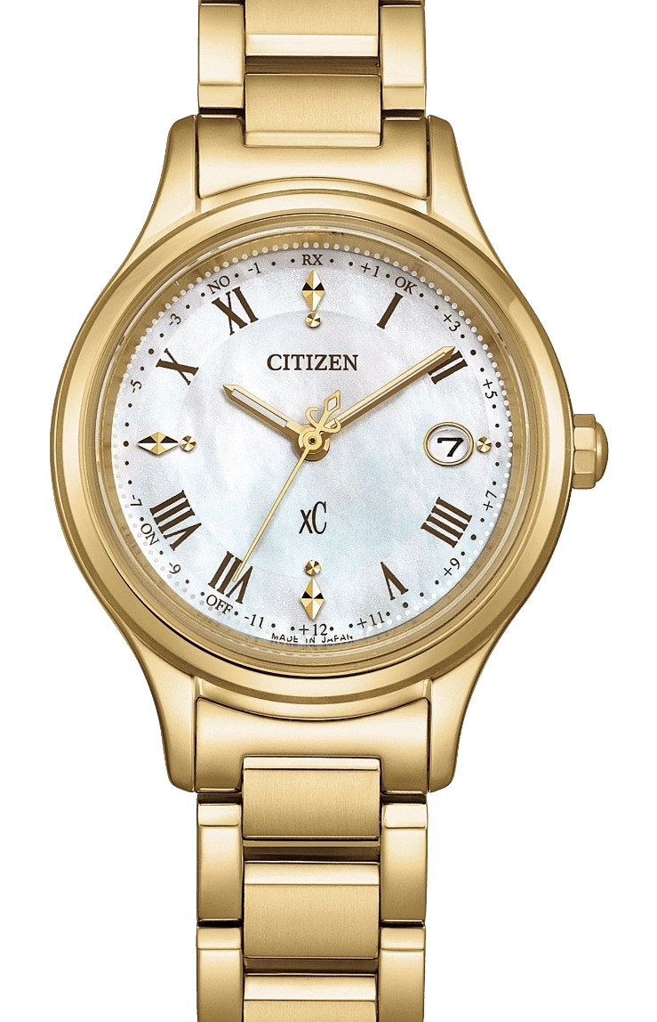 Gold Citizen watch with white face, Roman numerals, and date display.