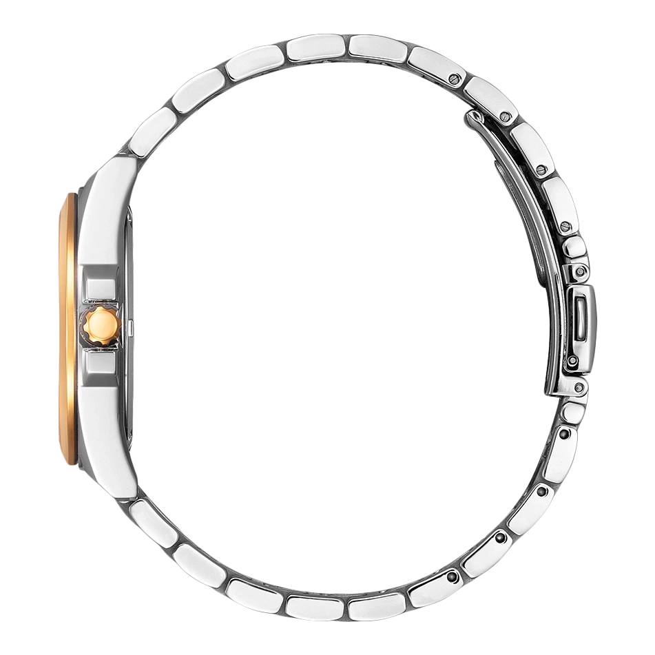 Side view of a silver watch with a gold face and band.