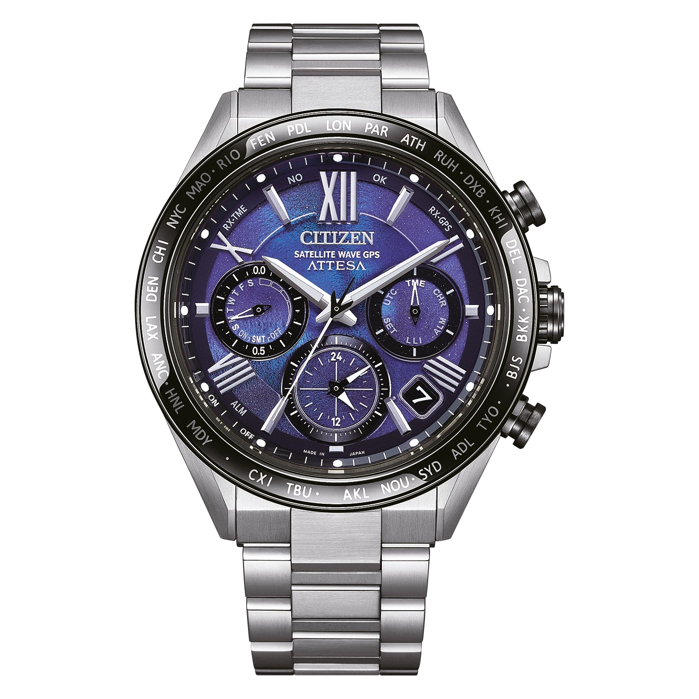 Citizen Attesa watch with blue face and silver band, time display.