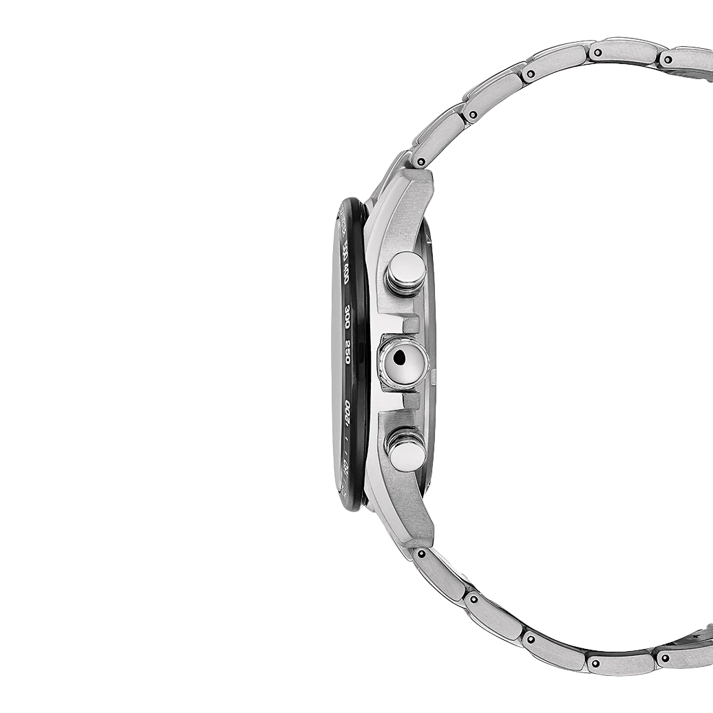 Side view of a silver watch with a black dial and metal strap.