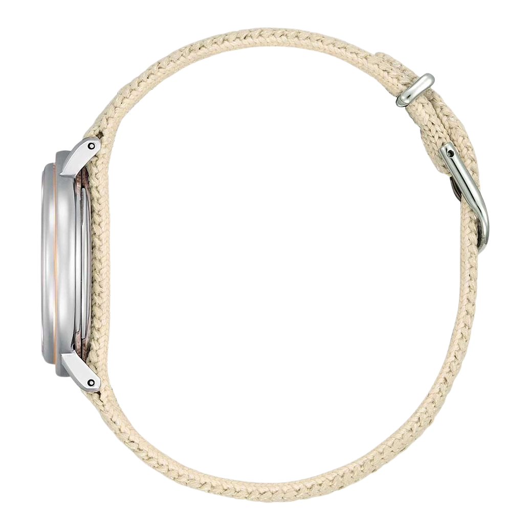 Side view of a watch with a beige rope strap and silver buckle.