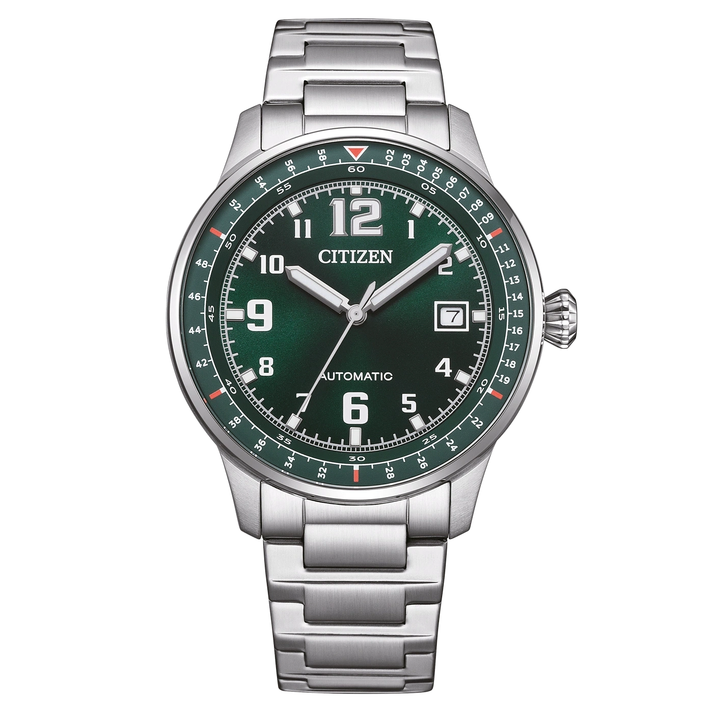 Citizen watch with green dial, silver bracelet, and automatic movement.