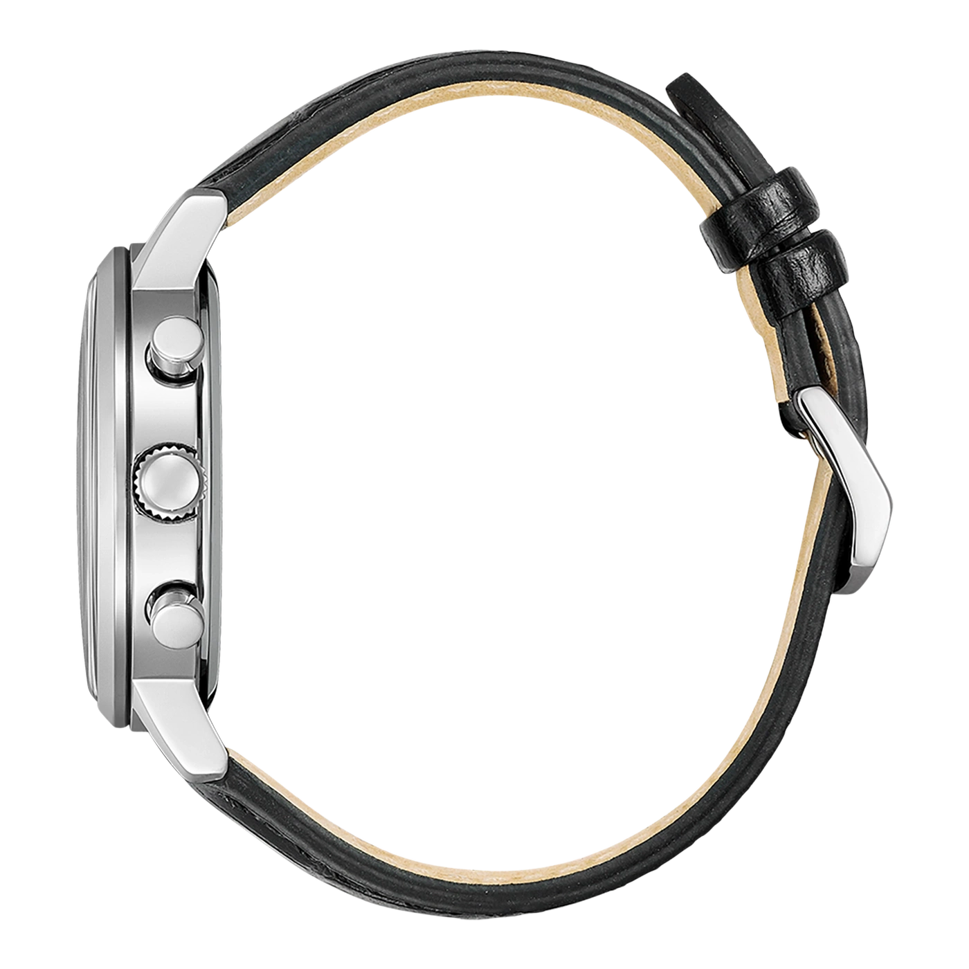 Side view of a silver watch with a black leather strap.