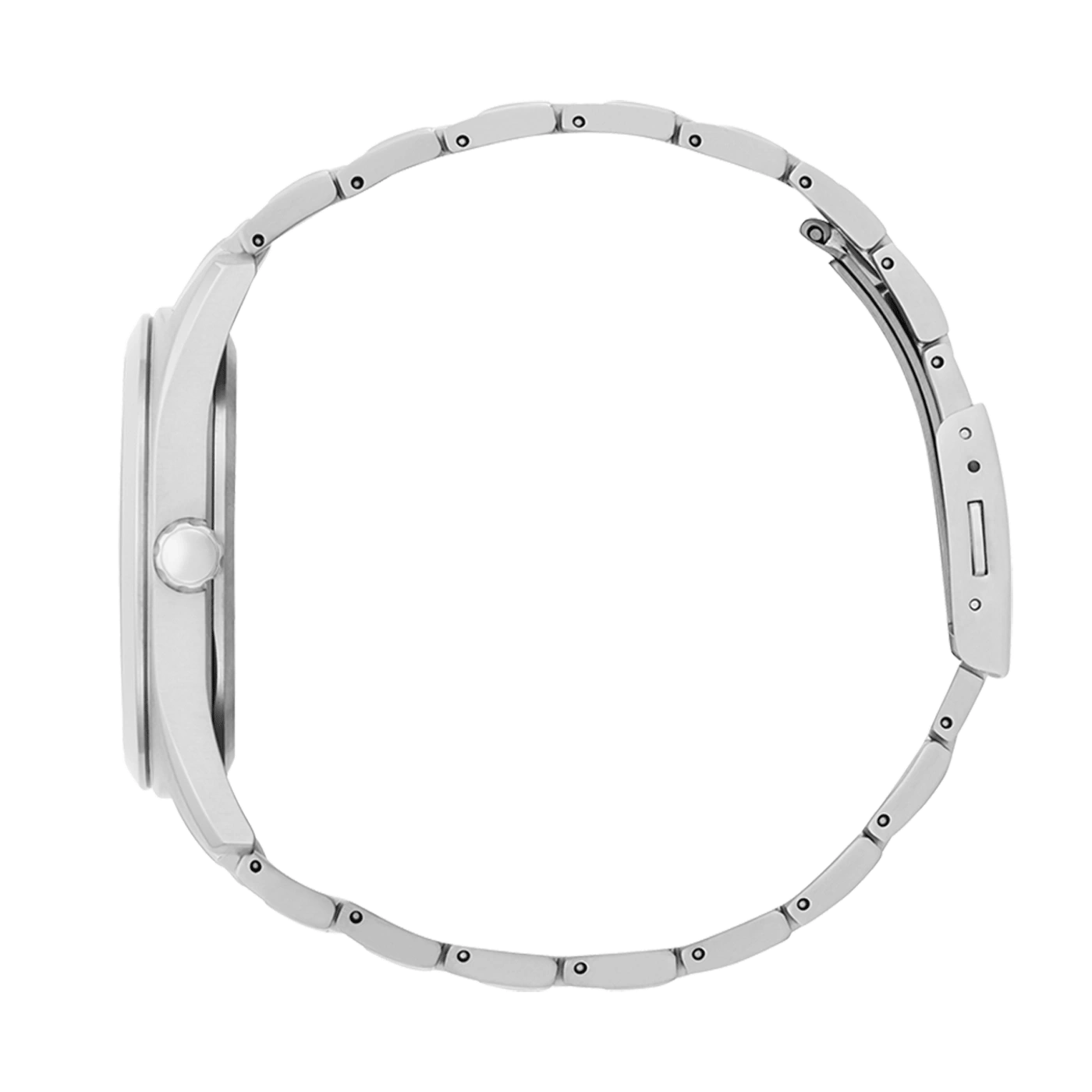 Side view of a silver wristwatch with a metal band, isolated on white.