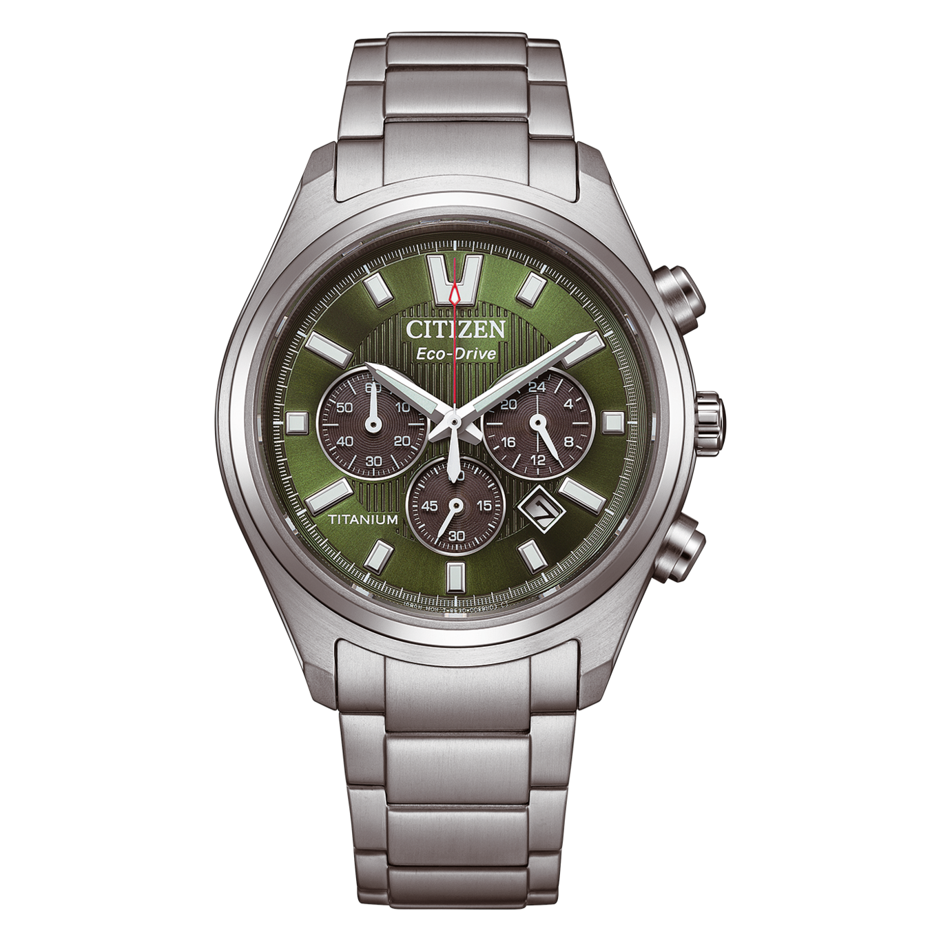 A close-up view of a silver Citizen Eco-Drive watch with a green dial and titanium band.