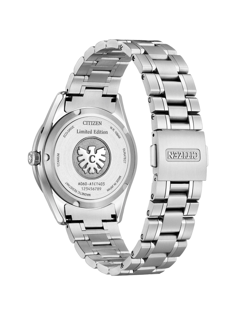 Citizen watch back, titanium, limited edition, Eco-Drive, magnetic resistant, made in Japan