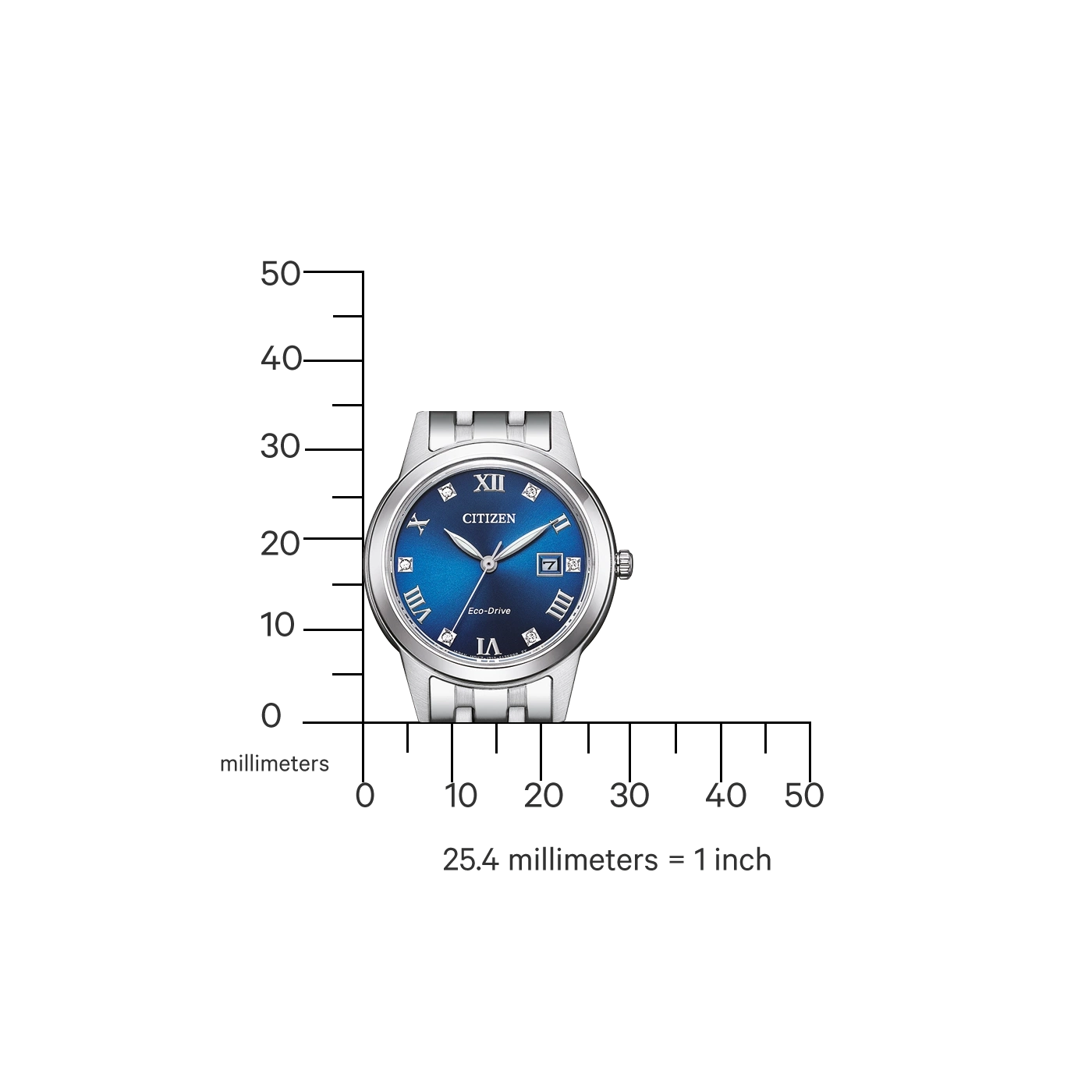Citizen watch with blue face, silver band, and roman numerals. Eco-Drive.