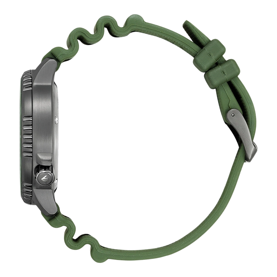 Side view of a green watch with a unique wavy strap design.