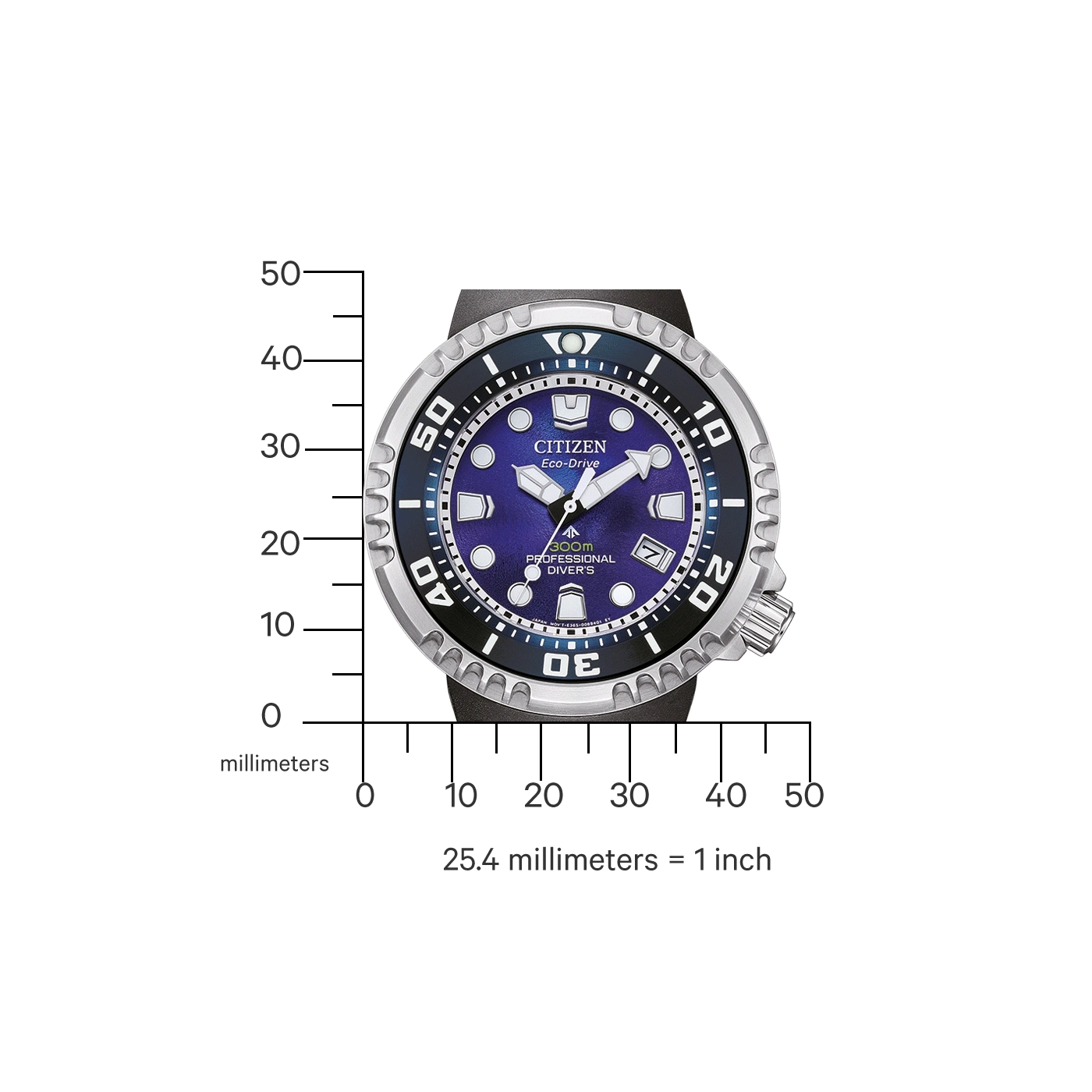 Citizen Eco-Drive watch with blue face, black bezel, and measurement scale.