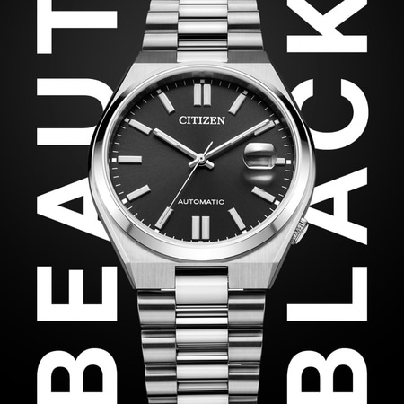Citizen watch with black face, silver band, and the words BEAUTY BLACK.