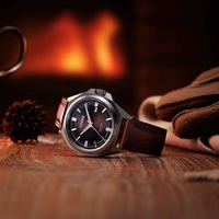 Citizen watch on wooden table with fireplace background and gloves