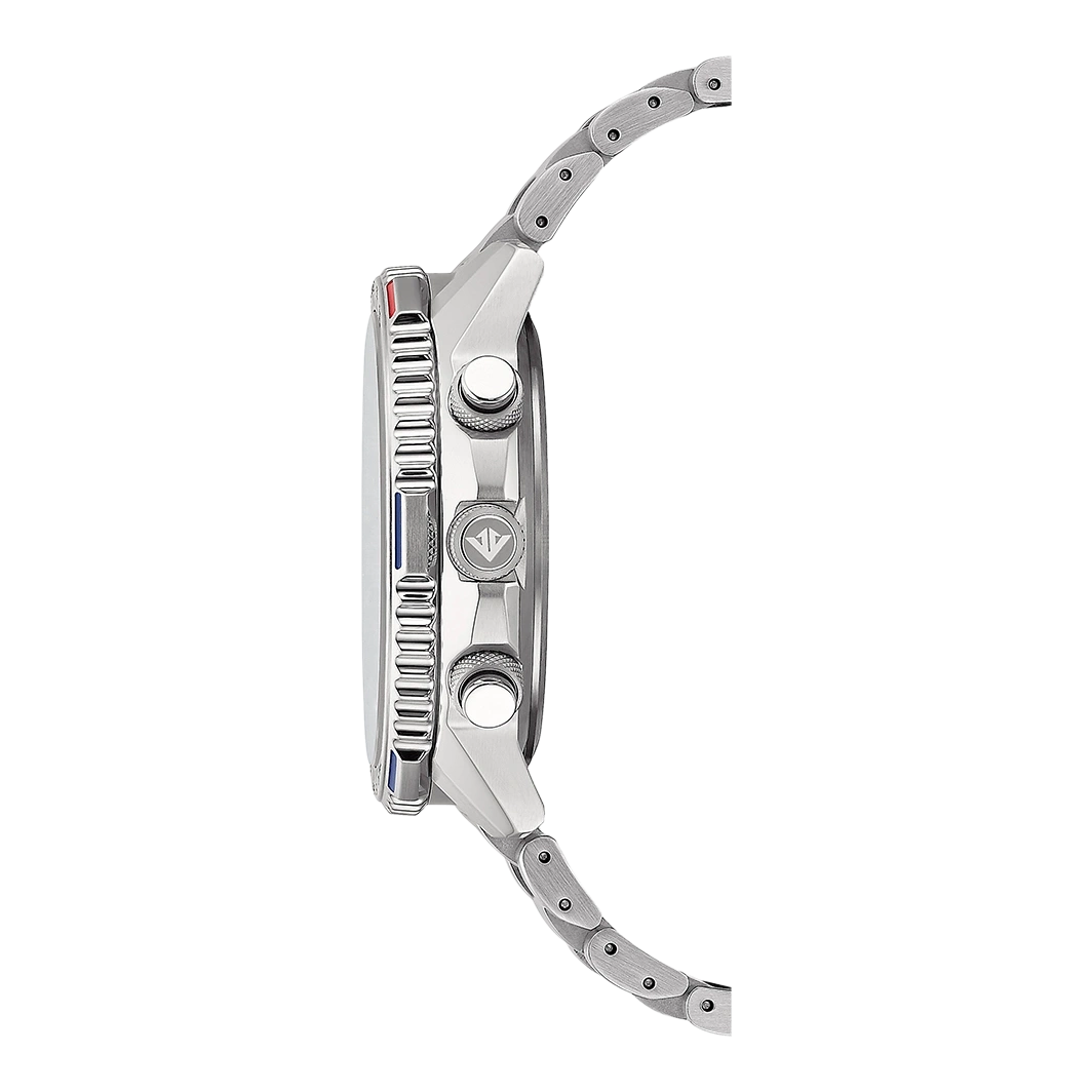 Side view of a silver watch with a metal band and buttons.