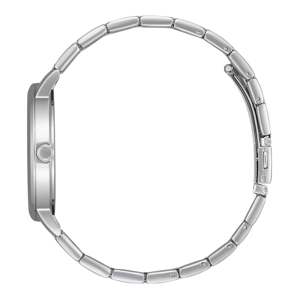Silver watch with a round face and a metal band, side view.