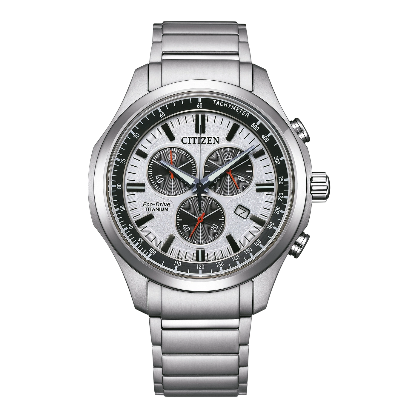 Silver Citizen watch with chronograph, tachymeter, and titanium features.