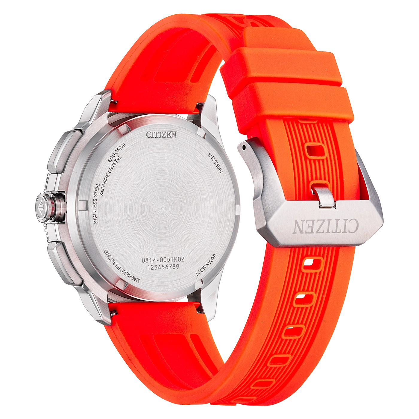 Back view of a Citizen Eco-Drive watch with an orange strap and silver case.