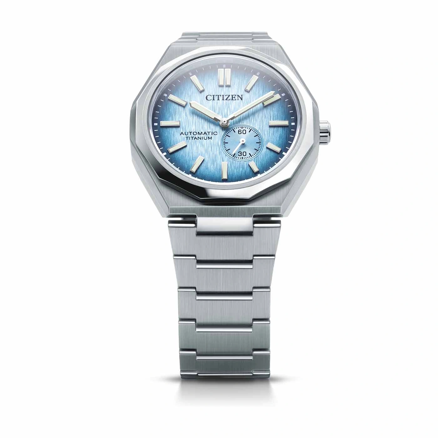 Citizen watch with a blue face and titanium strap.
