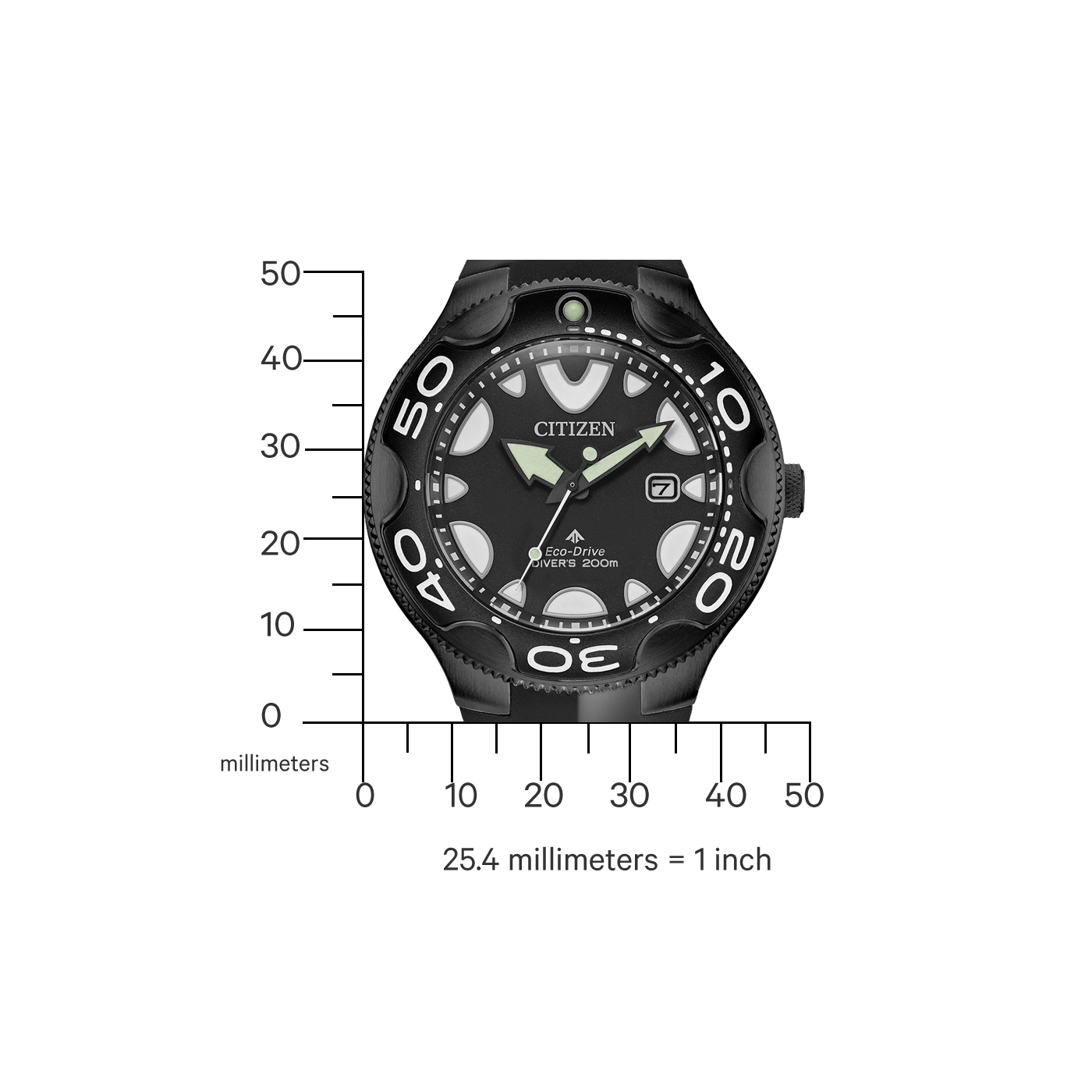 Black Citizen watch with white markings, Eco-Drive, and a black background.