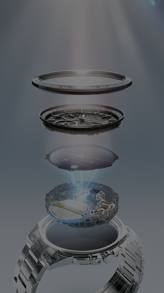 Exploded view of a watch, showing its internal components and layers.