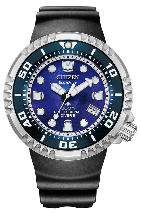 Citizen Eco-Drive watch with blue face, black band, and silver bezel. Professional diver's watch.