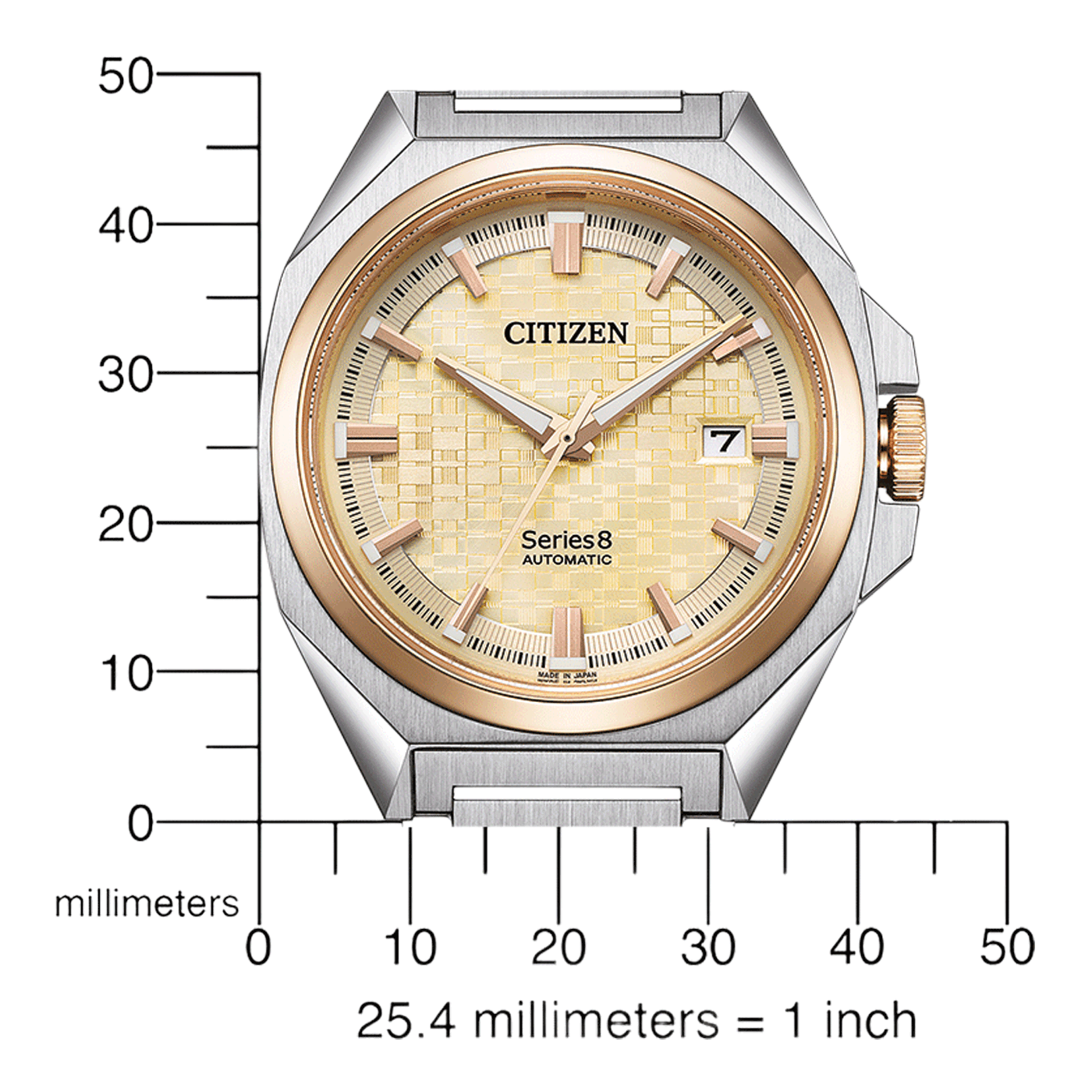 Citizen watch with gold and silver accents, date display, and automatic movement.