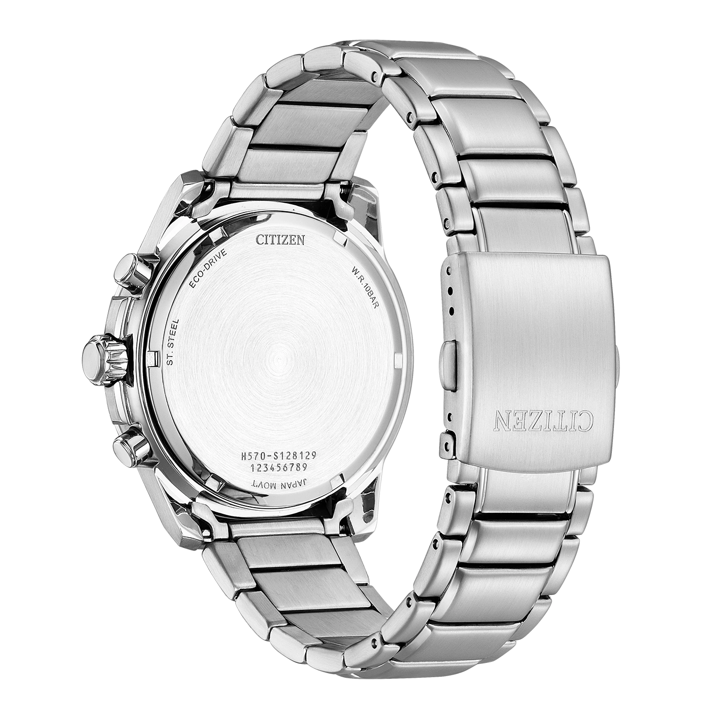 Citizen watch back, stainless steel, Eco-Drive, water resistant, Japan movement.