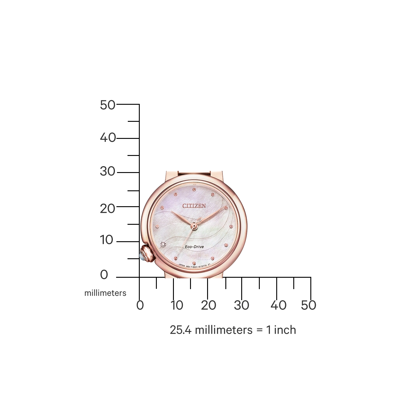 Citizen watch with rose gold case and mother-of-pearl dial, Eco-Drive technology.