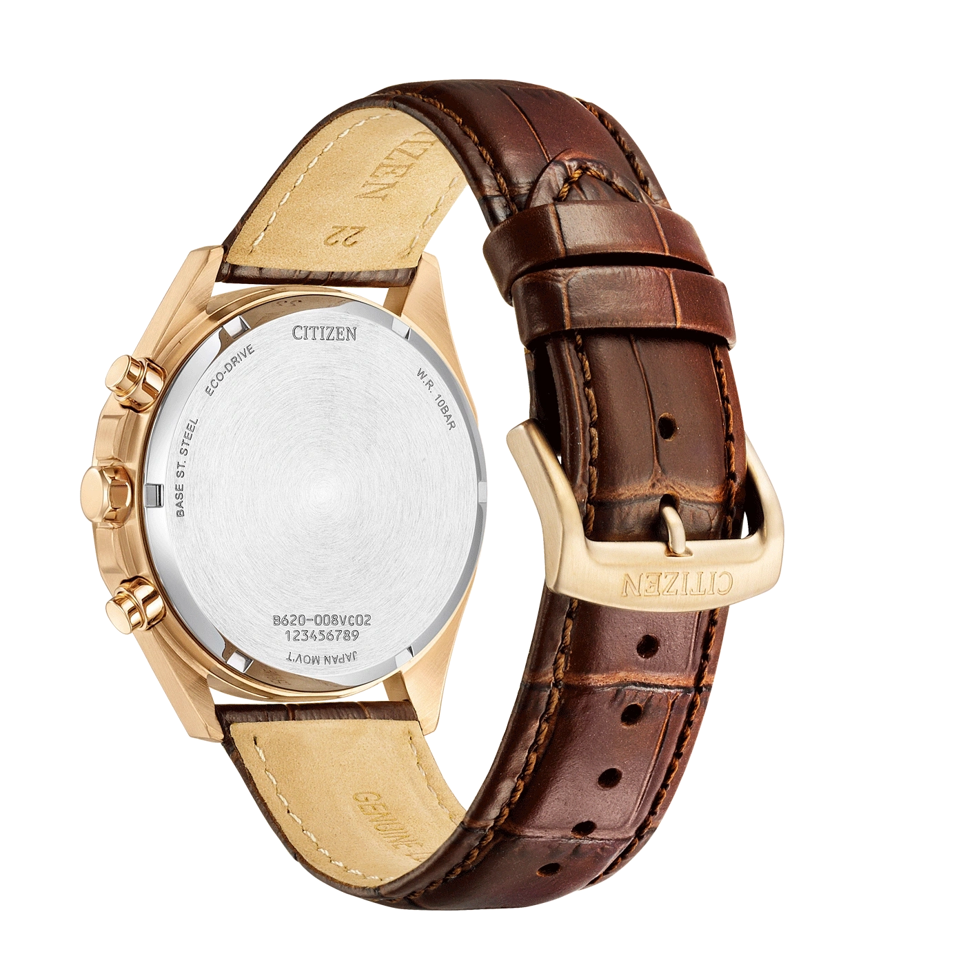 Citizen watch with brown leather strap, gold case, and Citizen logo.