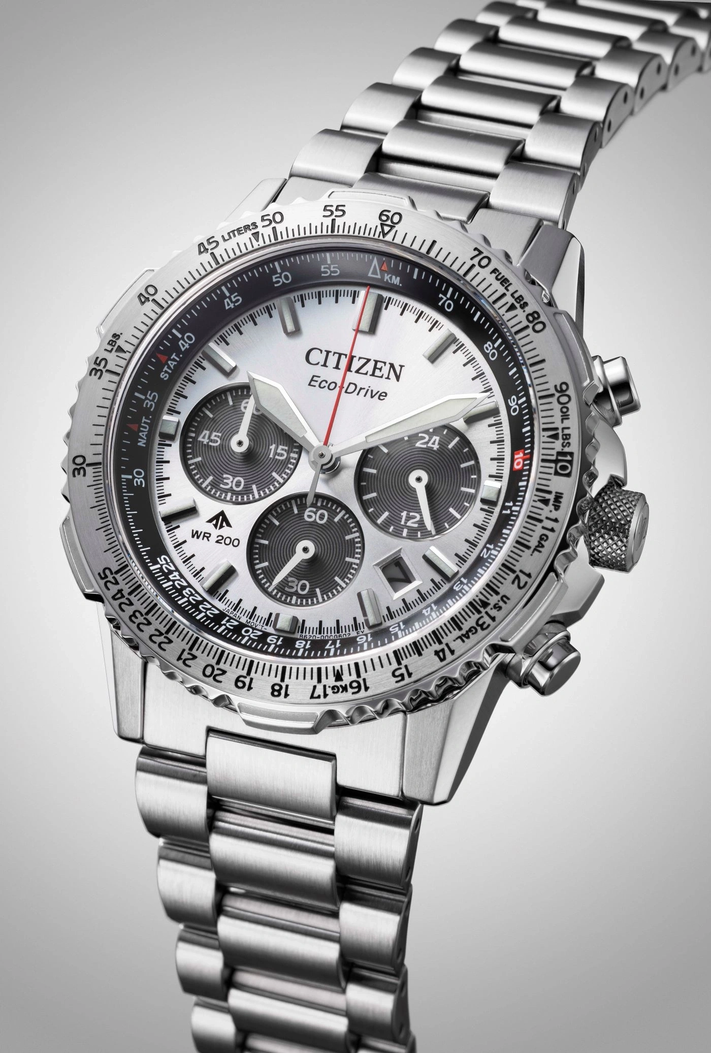 Silver Citizen Eco-Drive watch with multiple dials and a stainless steel band.
