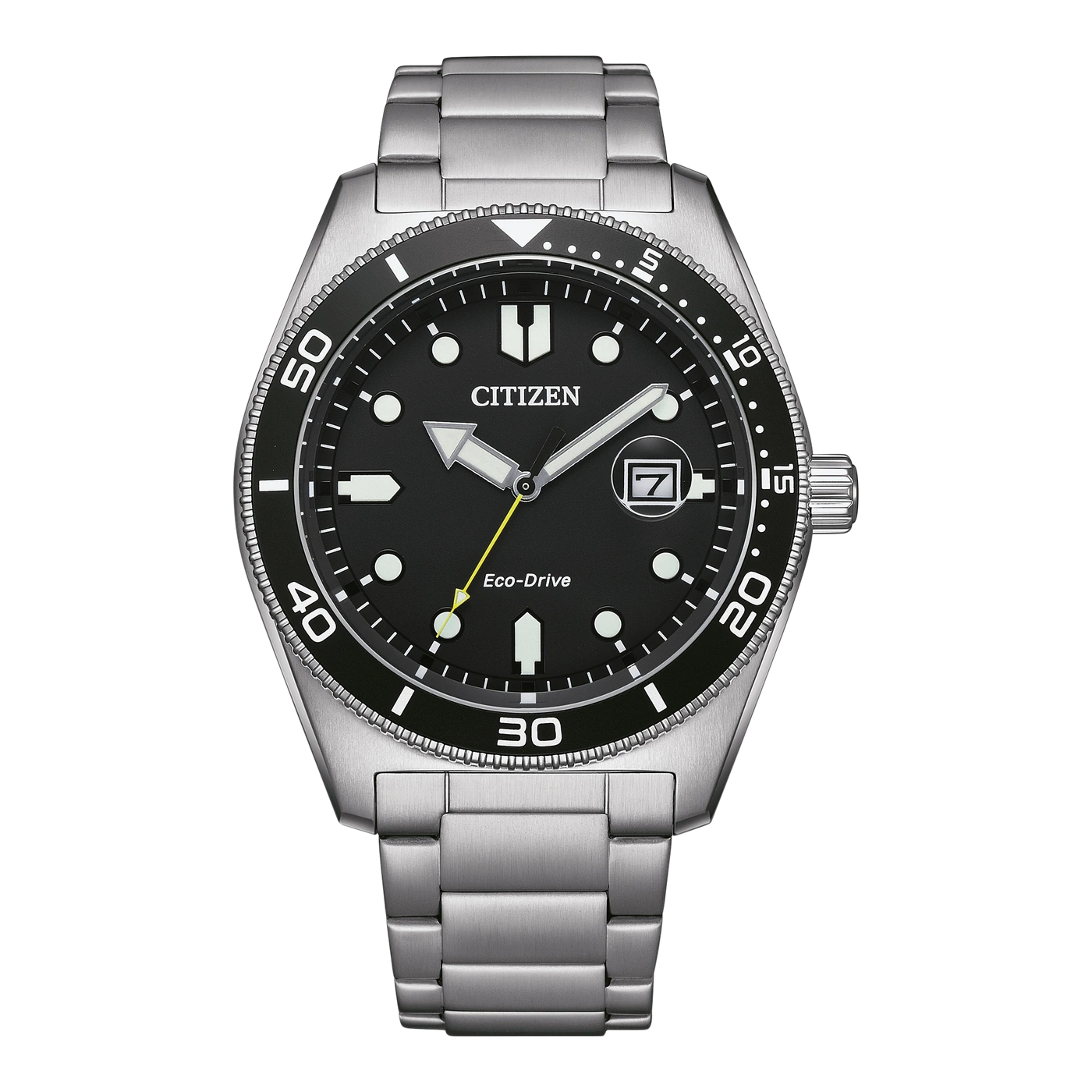 Citizen watch with black dial and silver bracelet, Eco-Drive technology.