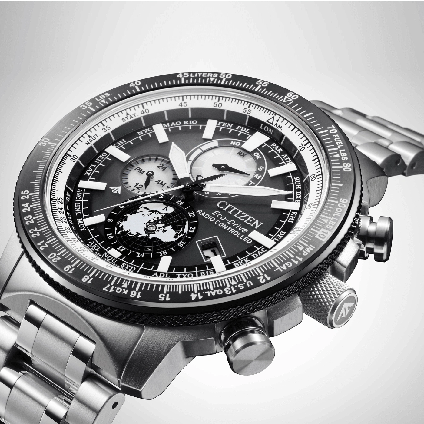 Citizen Eco-Drive watch with multiple dials and a world map design on the face.