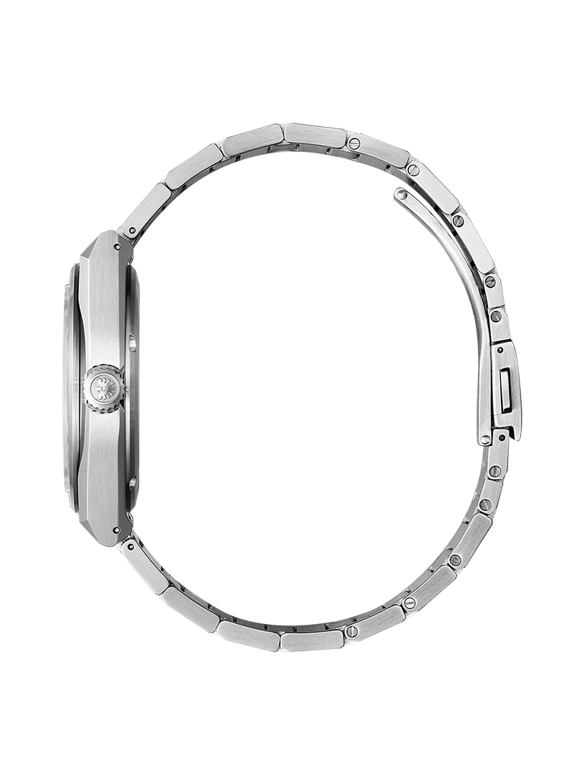 Side view of a silver wristwatch with a metal band on a green background.