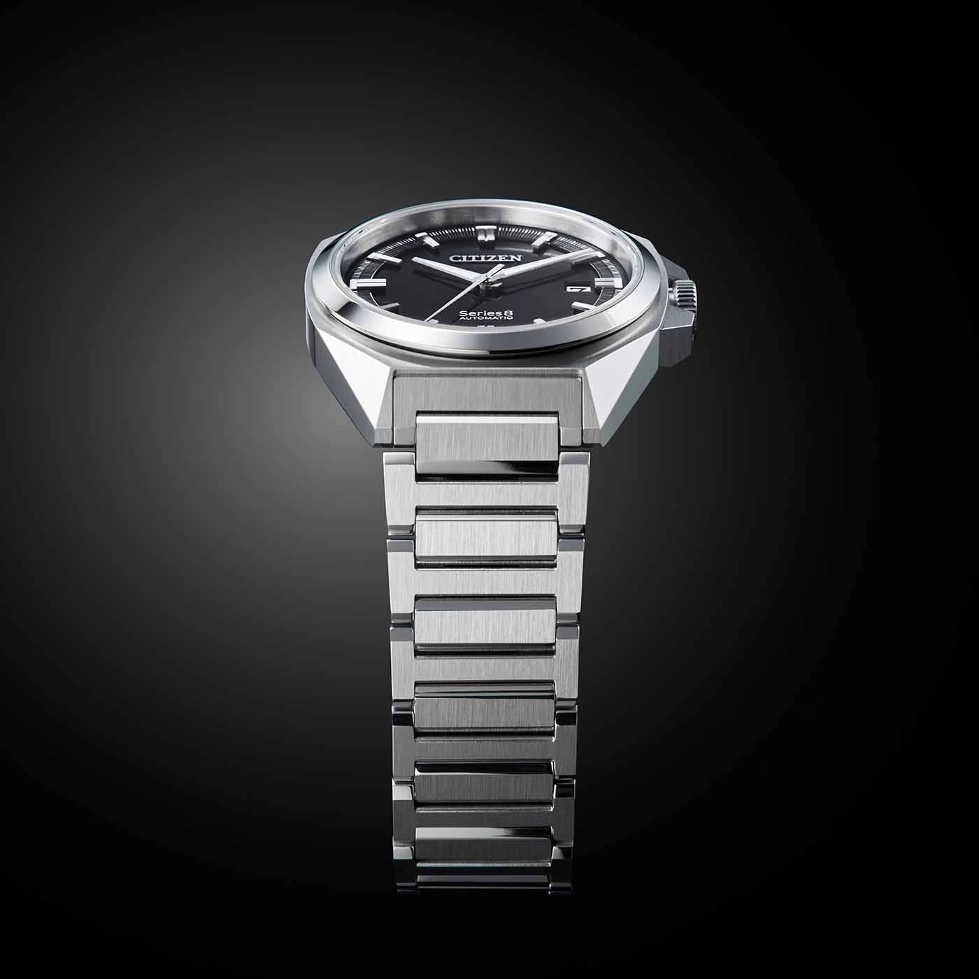 Citizen Series 8 automatic watch with a black dial and silver bracelet.