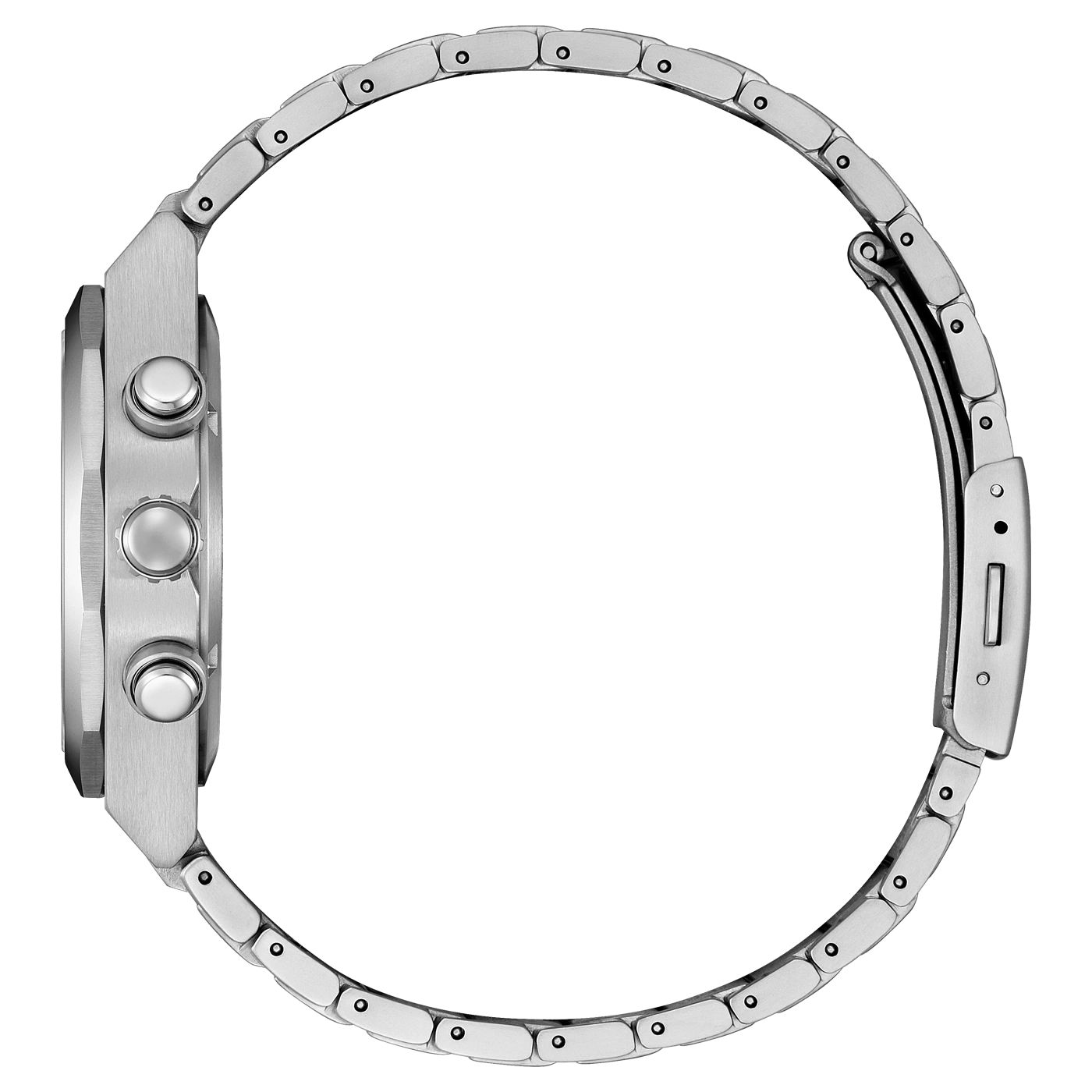 Side view of a silver wristwatch with a metal band and three buttons.