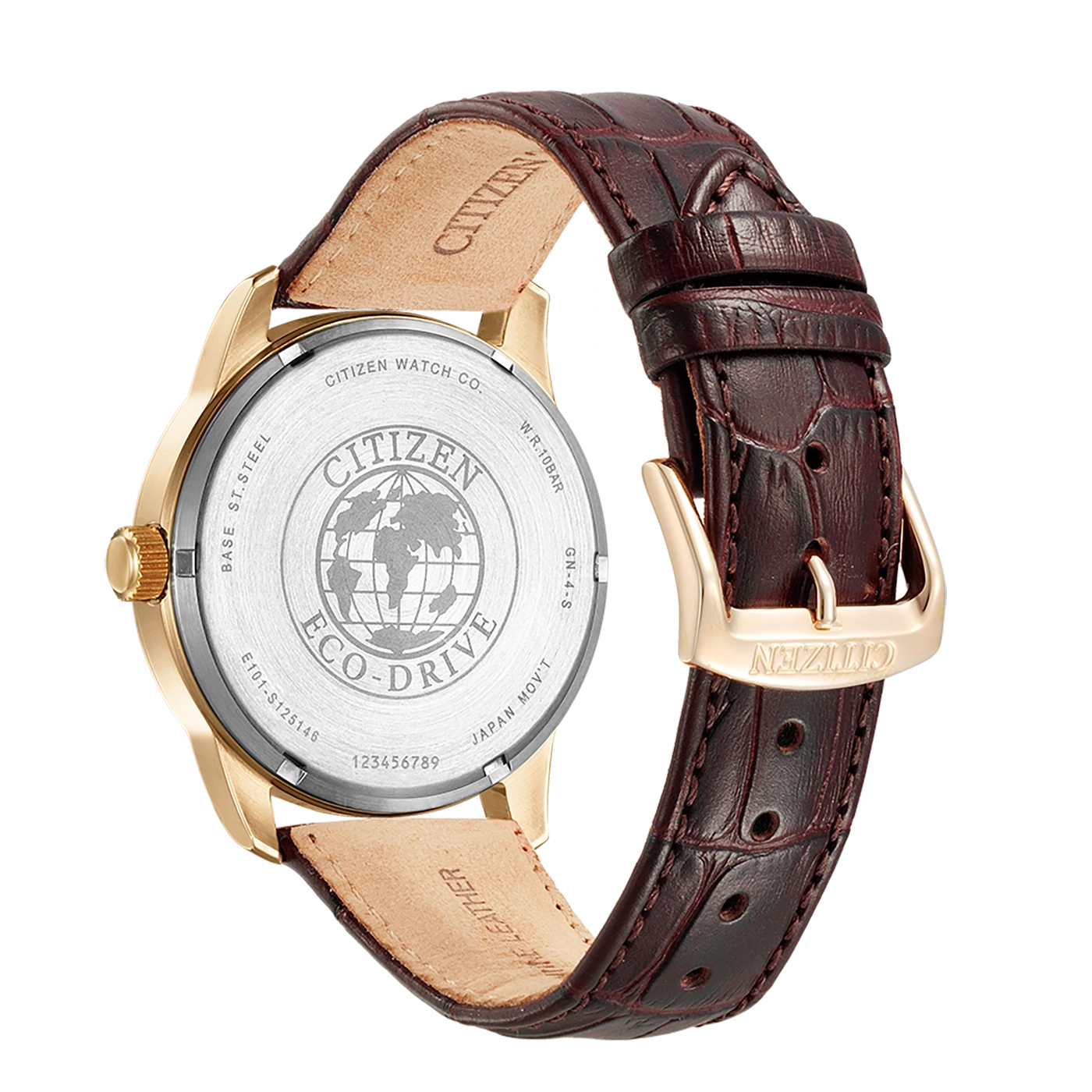 Citizen watch back with leather strap, gold case, and Eco-Drive technology.